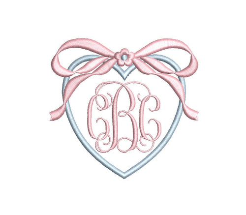 Applique Heart & Large Bow Monogram Frame, Two-Color Machine Embroidery Design, 7 sizes PES DST JEF+++