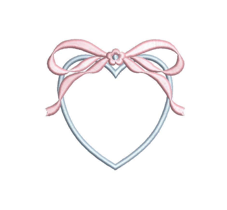Applique Heart & Large Bow Monogram Frame, Two-Color Machine Embroidery Design, 7 sizes PES DST JEF+++