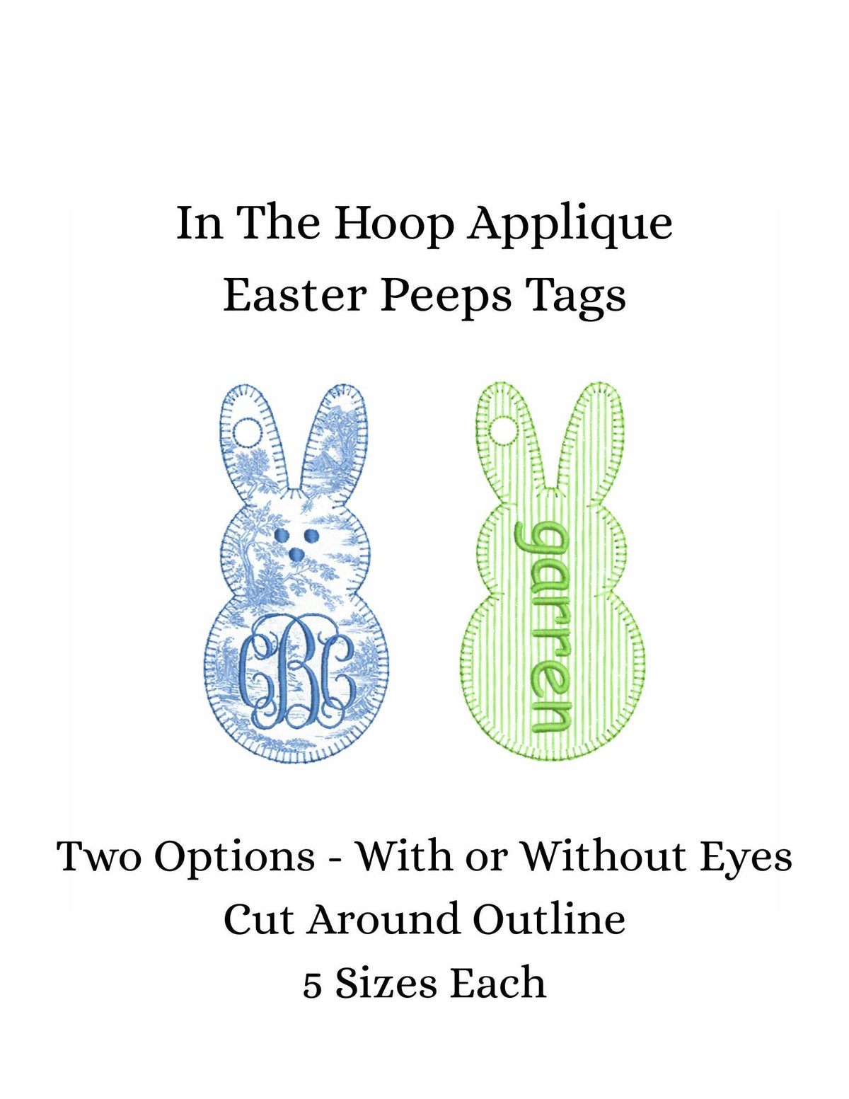 In The Hoop Easter Bunny Tags Peep-Style, Machine Embroidery Designs, 5 Sizes, PES DST+++ Incl Digital Instant Download