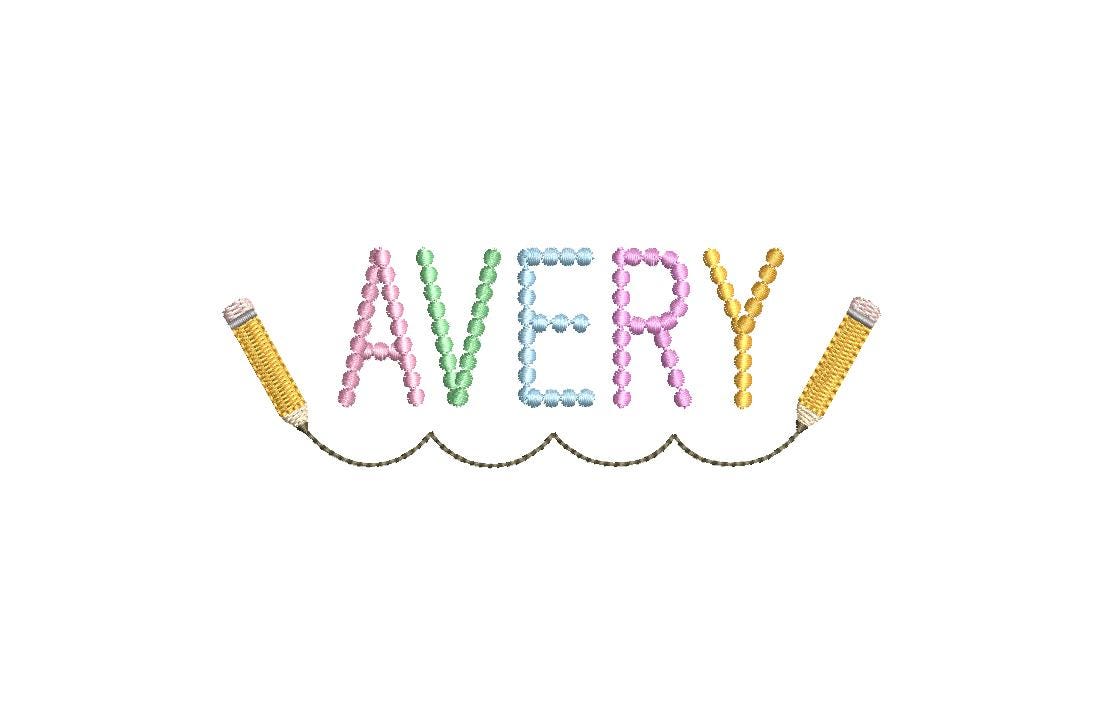Scalloped Line & Pencils Embroidery Design, Back to School Name Frame (PES++ Digital Download, 6 Sizes