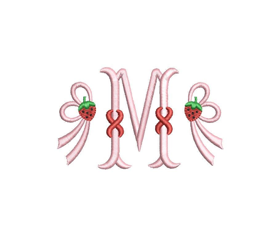 Strawberry Side Bow Embroidery Design, Monogram or Name Frame (PES++ Digital Download, 5 Sizes