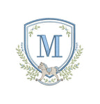 Rocking Horse Crest with Ivy Greenery, Shield Monogram Frame, Machine Embroidery Design, 6 Sizes, PES DST+++ Incl Digital Instant Download