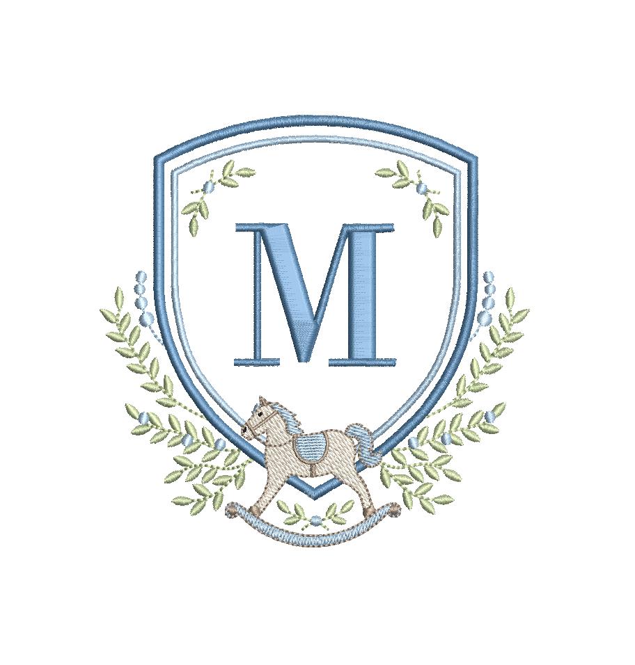 Rocking Horse Crest with Ivy Greenery, Shield Monogram Frame, Machine Embroidery Design, 6 Sizes, PES DST+++ Incl Digital Instant Download