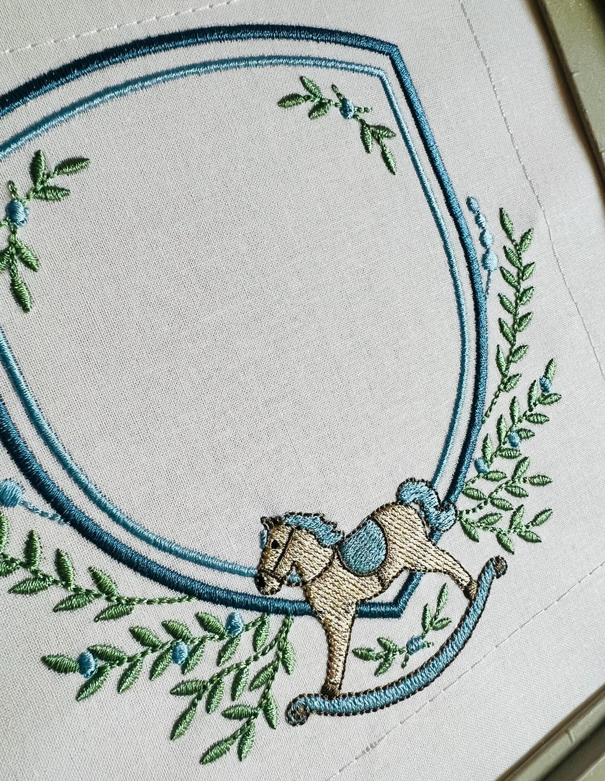Rocking Horse Crest with Ivy Greenery, Shield Monogram Frame, Machine Embroidery Design, 6 Sizes, PES DST+++ Incl Digital Instant Download
