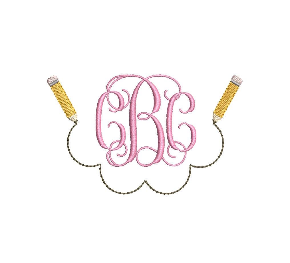 Pencils & Scalloped Line Monogram Embroidery Design, Back to School Motif, PES++ Digital Download, 8 Sizes