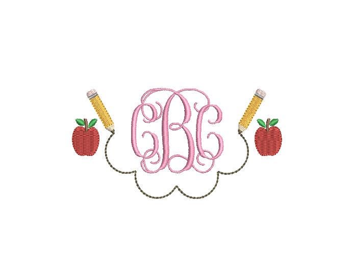 Pencils & Scalloped Line Monogram Embroidery Design, Back to School Motif, PES++ Digital Download, 8 Sizes