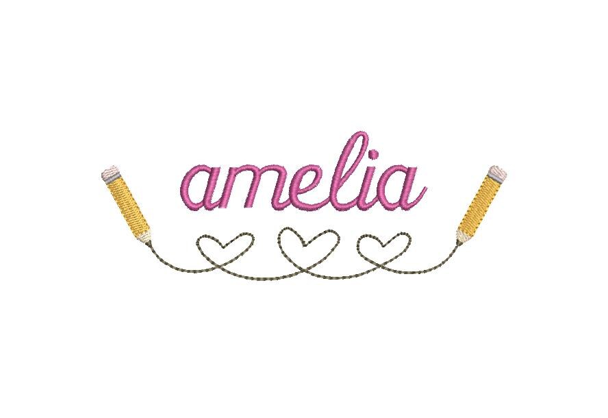 Hearts & Pencils Line Embroidery Design, Back to School Name Frame (PES++ Digital Download, 6 Sizes