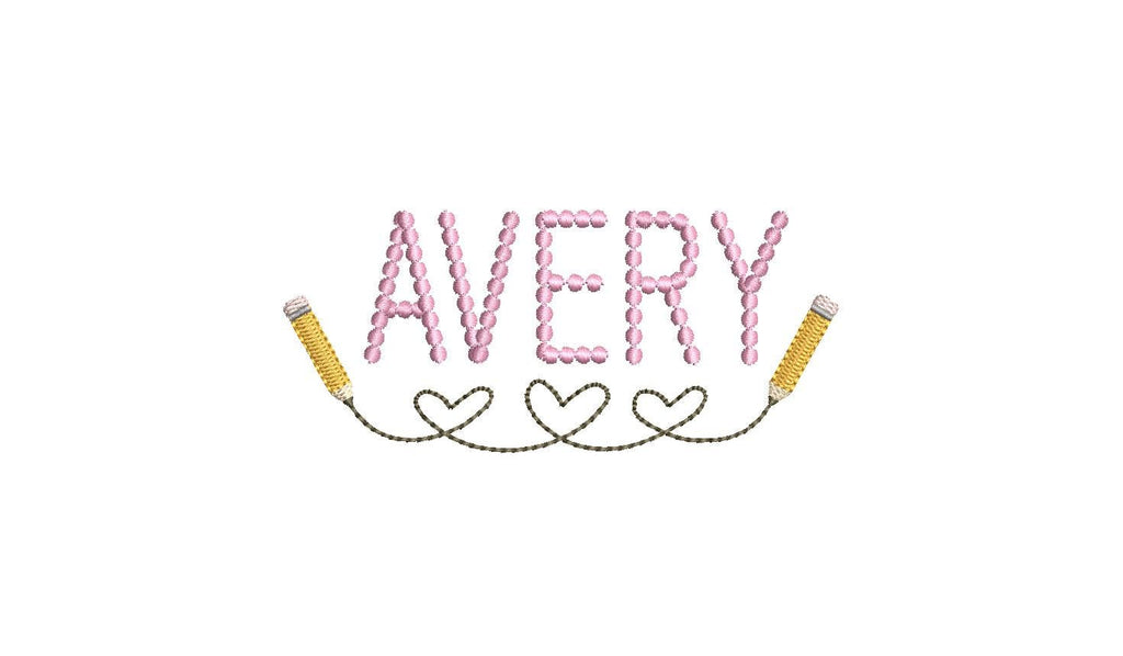 Hearts & Pencils Line Embroidery Design, Back to School Name Frame (PES++ Digital Download, 6 Sizes