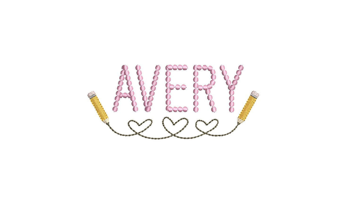 Hearts & Pencils Line Embroidery Design, Back to School Name Frame (PES++ Digital Download, 6 Sizes