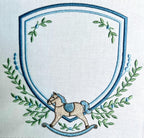 Rocking Horse Crest with Ivy Greenery, Shield Monogram Frame, Machine Embroidery Design, 6 Sizes, PES DST+++ Incl Digital Instant Download