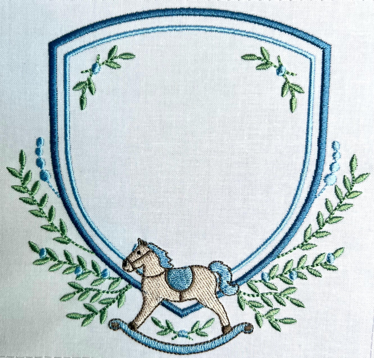 Rocking Horse Crest with Ivy Greenery, Shield Monogram Frame, Machine Embroidery Design, 6 Sizes, PES DST+++ Incl Digital Instant Download