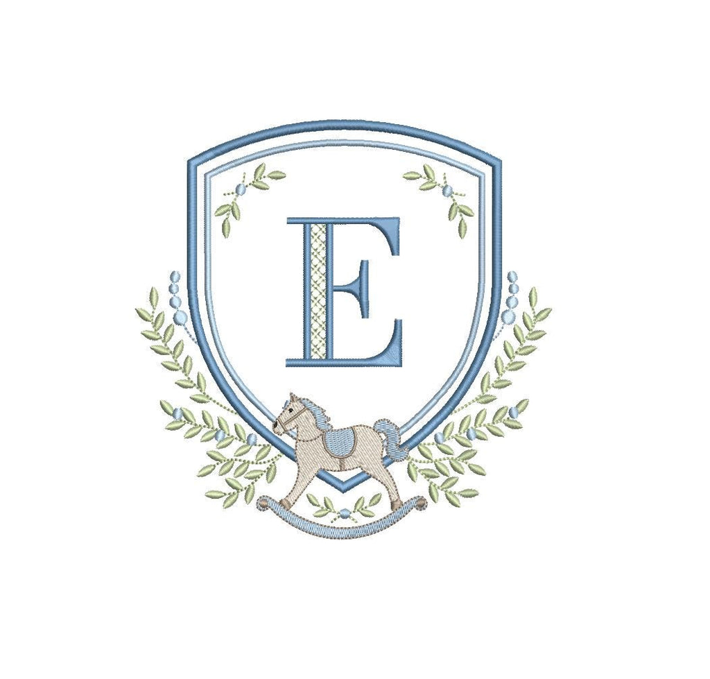 Rocking Horse Crest with Ivy Greenery, Shield Monogram Frame, Machine Embroidery Design, 6 Sizes, PES DST+++ Incl Digital Instant Download