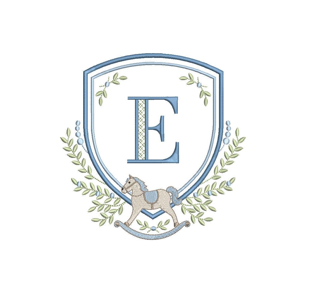 Rocking Horse Crest with Ivy Greenery, Shield Monogram Frame, Machine Embroidery Design, 6 Sizes, PES DST+++ Incl Digital Instant Download